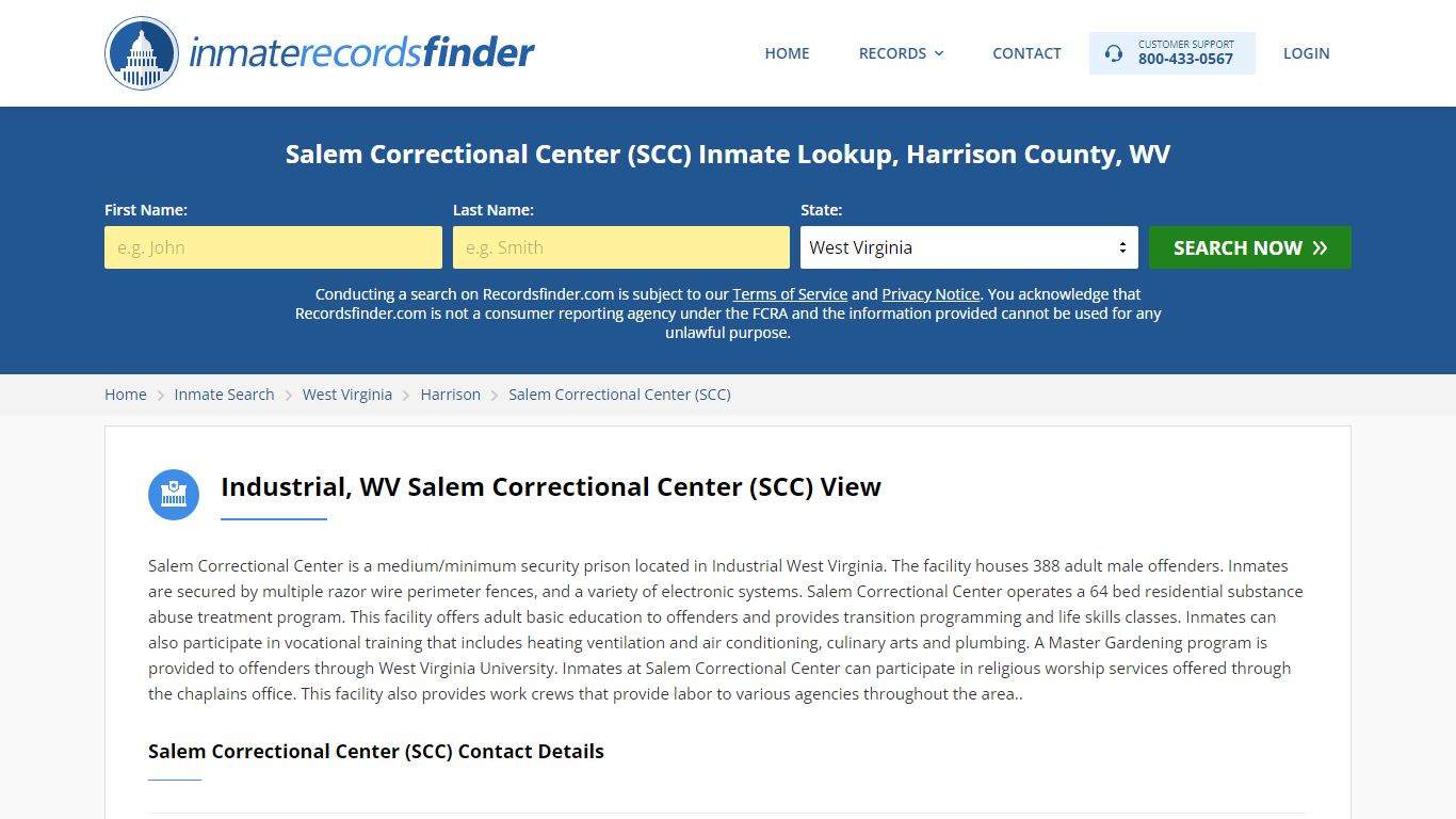 Salem Correctional Center (SCC) Roster & Inmate Search, Harrison County, WV